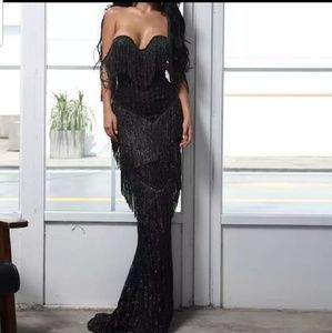 Strapless Black Fringe Evening Gown